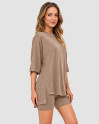 Casual Oversized 2-Piece Lounge Set with Crewneck & Split Hem