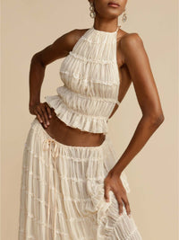 Pleated Drawstring Charm Waist Tiered Maxi Skirt